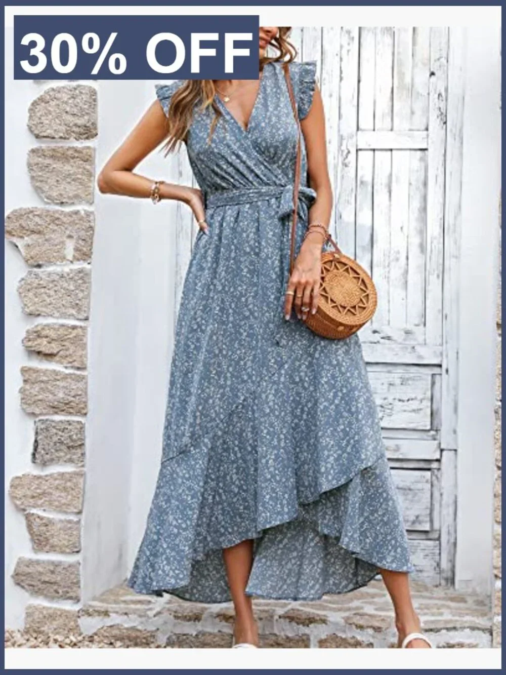 Boho Wrap Maxi Dress with Ruffle Sleeves and Self Tie Belt - Picture 5 of 7